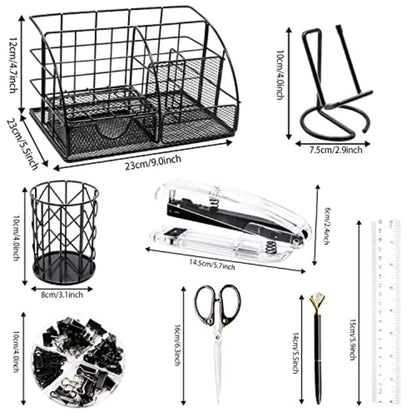 Black Desk Organizer and Accessories Office Set Stapler, Pen Holder, Phone Holder, Scissors, Pen, Ruler, 30 Paper Clips