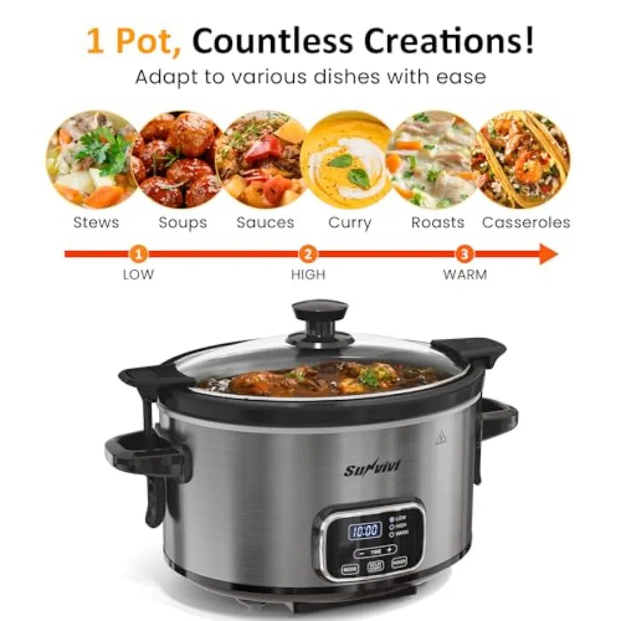 4QT Programmable Slow Cooker with Locking Lid Removable Ceramic Pot 3 Heating Settings Dishwasher-Safe
