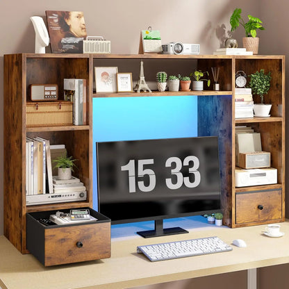 Desktop Bookshelf with LED Lights, 47.2" Desktop Organizer with 6 Shelves and 2 Drawers for Top of Desk, Multipurpose, Customized