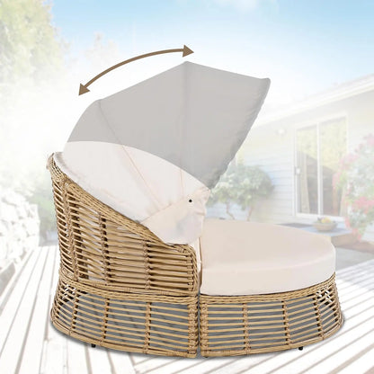 Round Outdoor Patio Rattan Daybed with Retractable Canopy Wicker Furniture Round Poolside Sofa Sunbed with Removable Cushions