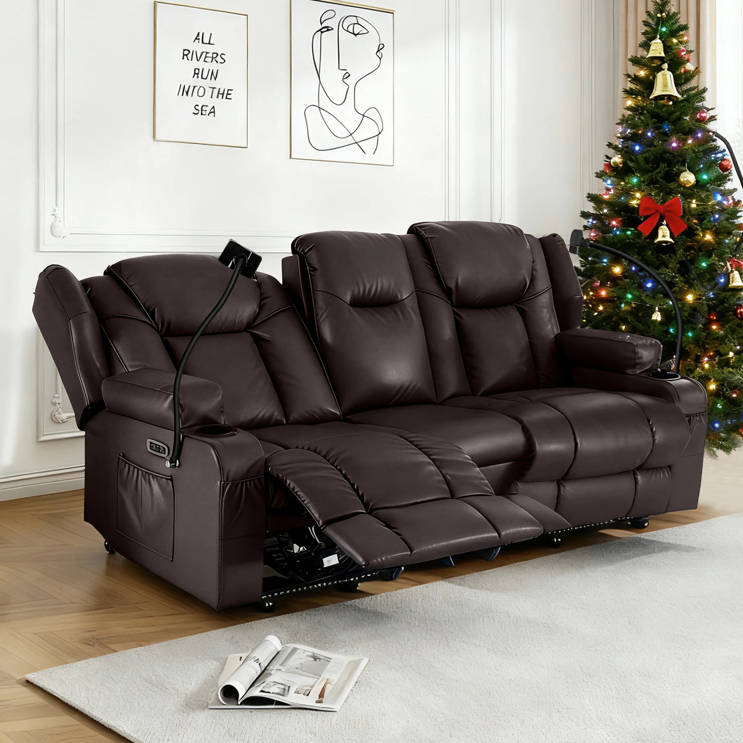 Electric Recliner Loveseat for Seniors, Massage & Heat, Dual Motor, 350LBS Capacity, Cat-Claw Leather, For Living Room