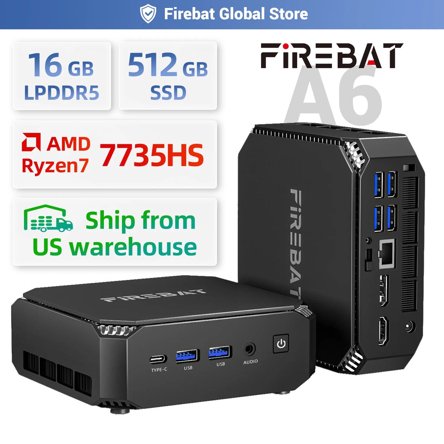 Firebat A6 Mini PC AMD R7 7735HS 8-core 16-thread Computer 16GB LPDDR5 RAM 512GB SSD WiFi 6 BT5.2