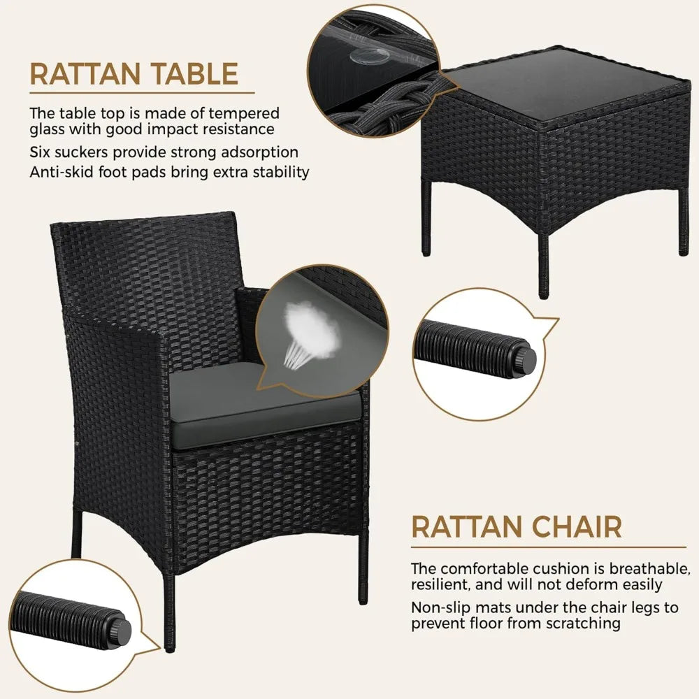 3 Pieces Patio Porch Furniture Set, Outdoor PE Rattan Wicker Conversation Set with Soft Cushions, Glass Coffee Table