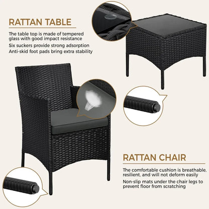 3 Pieces Patio Porch Furniture Set, Outdoor PE Rattan Wicker Conversation Set with Soft Cushions, Glass Coffee Table