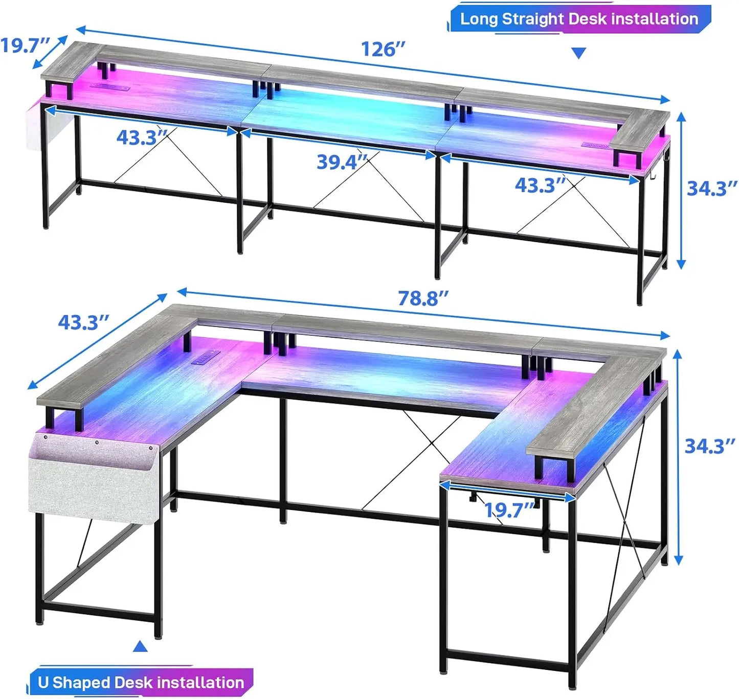 U Shaped Gaming Desk with Monitor Stand, Storage Shelves, and 2 Power Outlet Adjustable With RGB Color LED Light