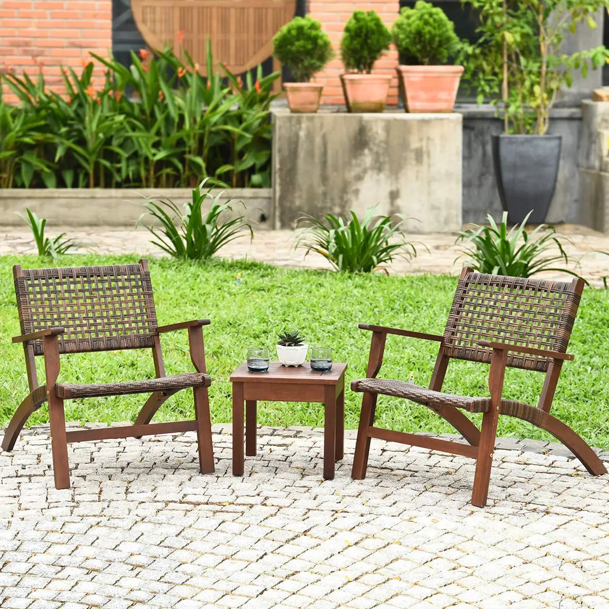 3 Pieces Solid Eucalyptus Wood Frame Outdoor Wicker Furniture Bistro Set with Coffee Table, Rattan Furniture