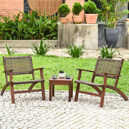 3 Pieces Solid Eucalyptus Wood Frame Outdoor Wicker Furniture Bistro Set with Coffee Table, Rattan Furniture