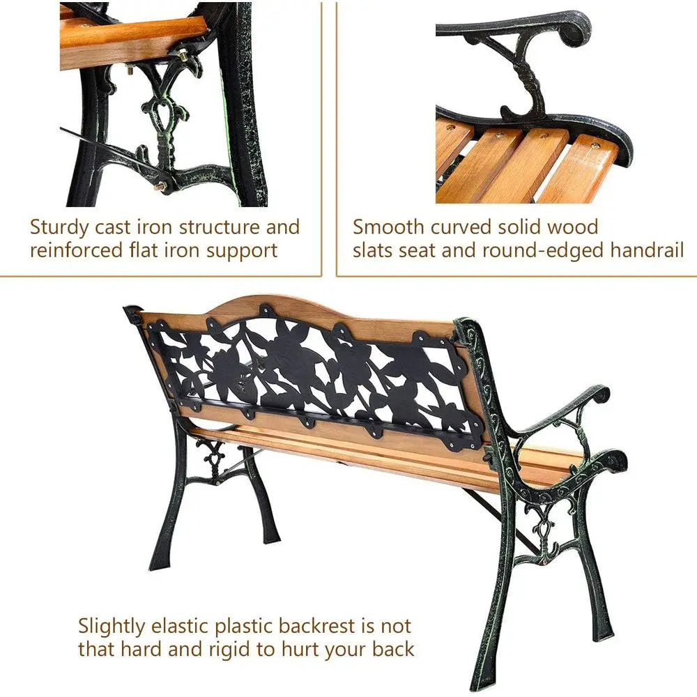 50 Inch Patio Bench, Outdoor Furniture Rose Cast Iron Hardwood Frame Porch Loveseat, Weather Proof Porch Path Chair for 2 Person