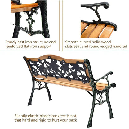 50 Inch Patio Bench, Outdoor Furniture Rose Cast Iron Hardwood Frame Porch Loveseat, Weather Proof Porch Path Chair for 2 Person