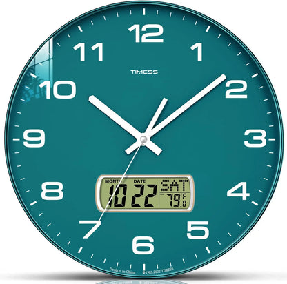 Calendar Wall Clock in 3 Sizes, 4 Colors with Calendar and Fahrenheit Temperature Display
