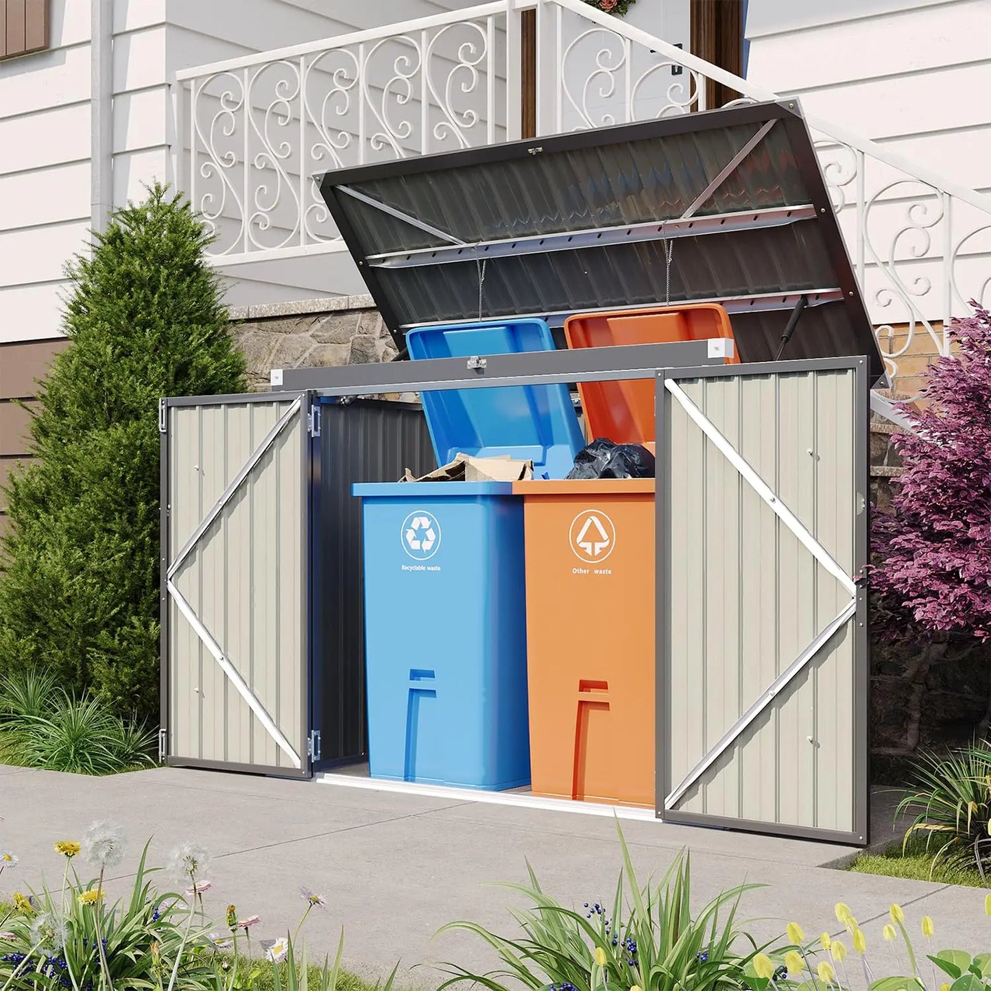 80 cu. ft. Metal Outdoor Storage Shed with Chain Lid Waterproof Garbage Can Organizer for 2 Bins Toys Garden Tools, Customized