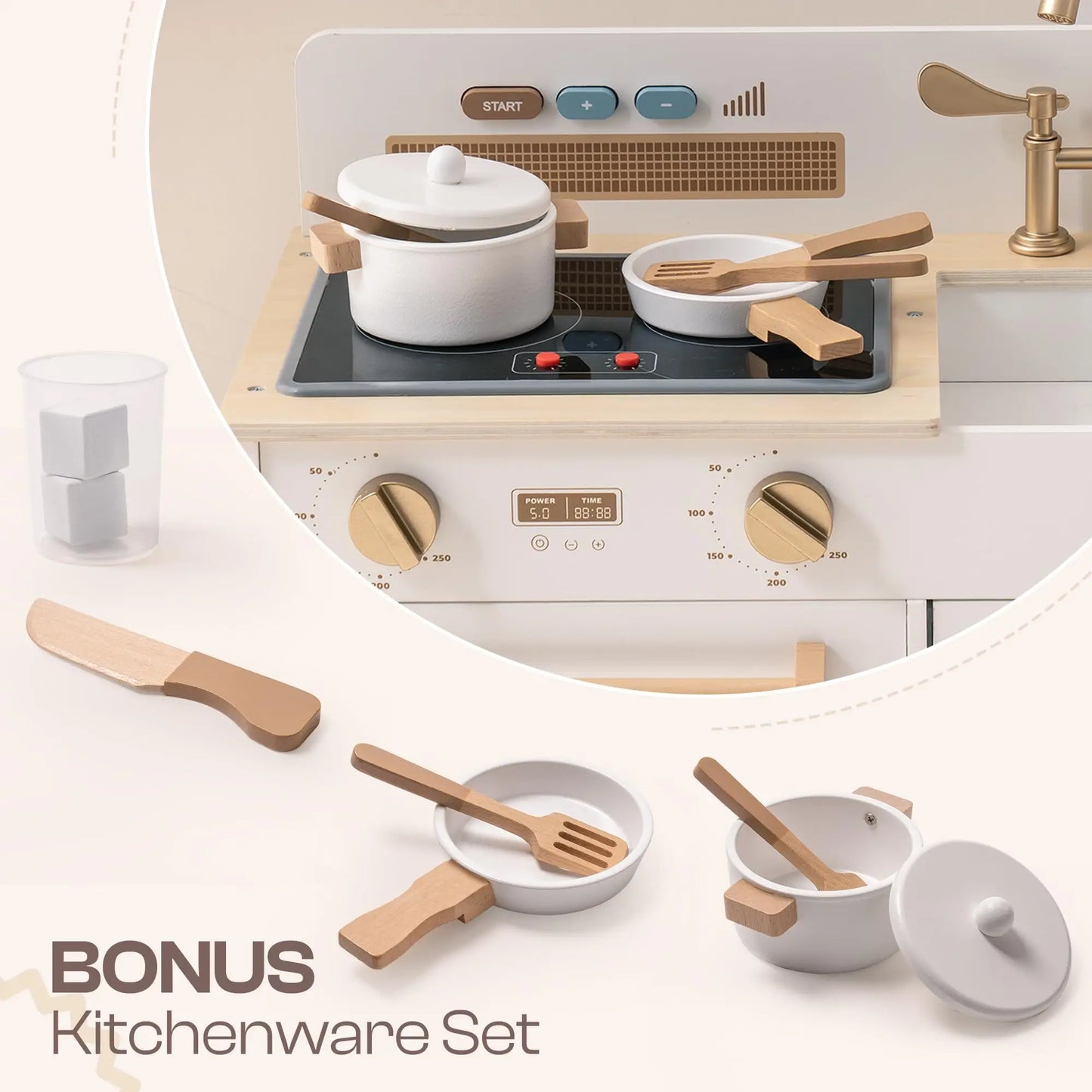 Wooden Play Kitchen with Real Lights, Sounds, and Ice Cube Dispenser