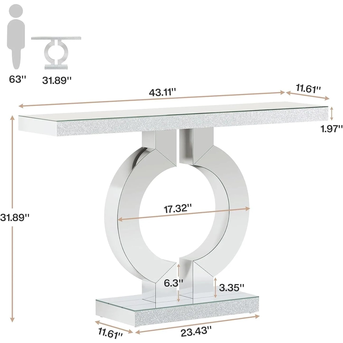 Mirror finished Console Table with O-Shaped Base, Great Entryway Table or Glass Sofa Table