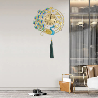 Peacock Metal Wall Clock, Gold Blue Wall-mounted Silent Art Wall Clock 58*100cm for Decoration Bedrooms