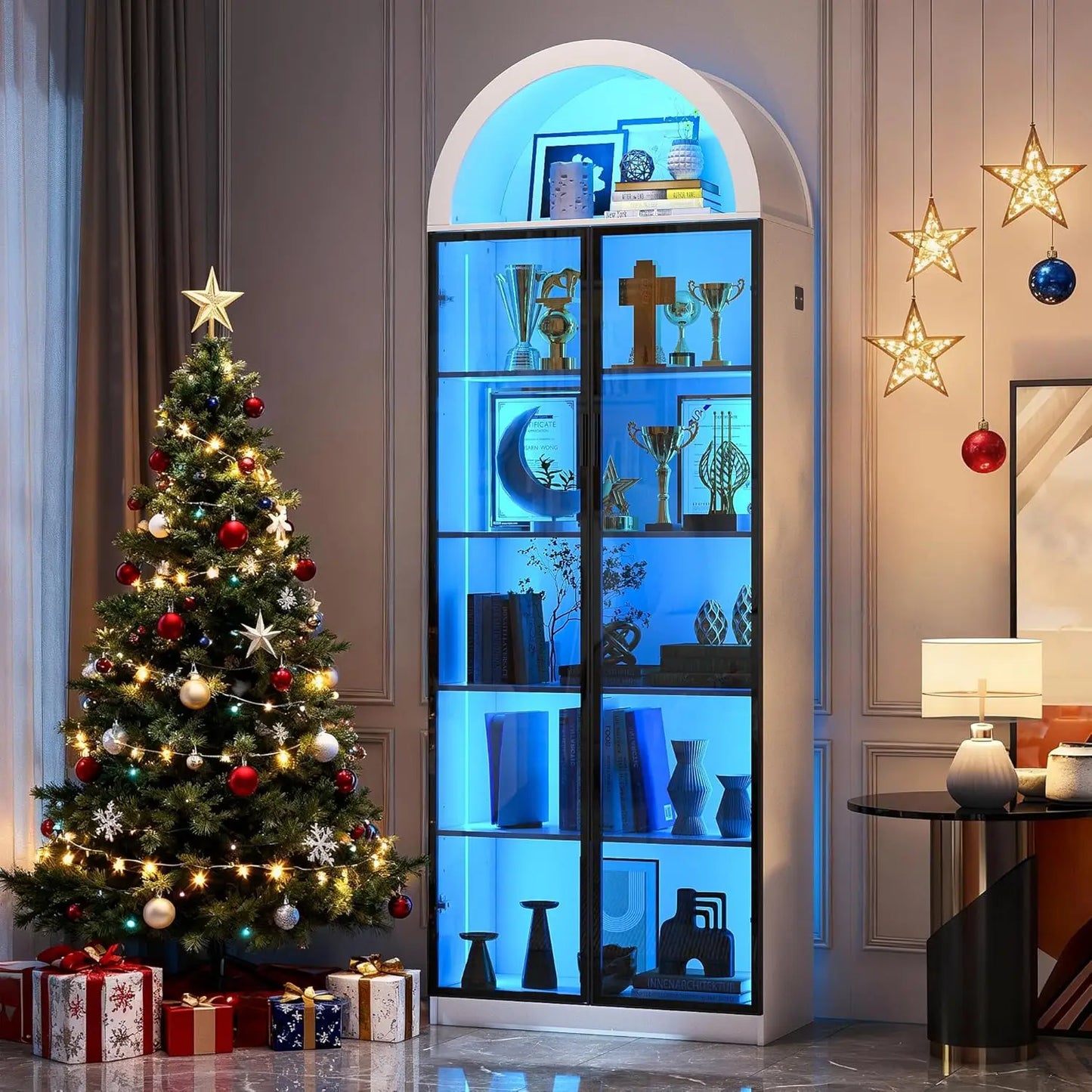 Arch Display Cabinet with Doors and Adjustable Shelves, 76" Tall Curio Cabinet with LED Lights/Storage Space