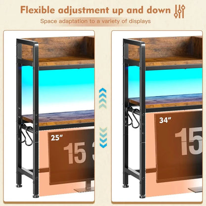 45.2" Desk Shelf with LED Lights and Hooks, 2-Tier Adjustable Multipurpose Solid Wood Desk Hutch Dorm, Desktop