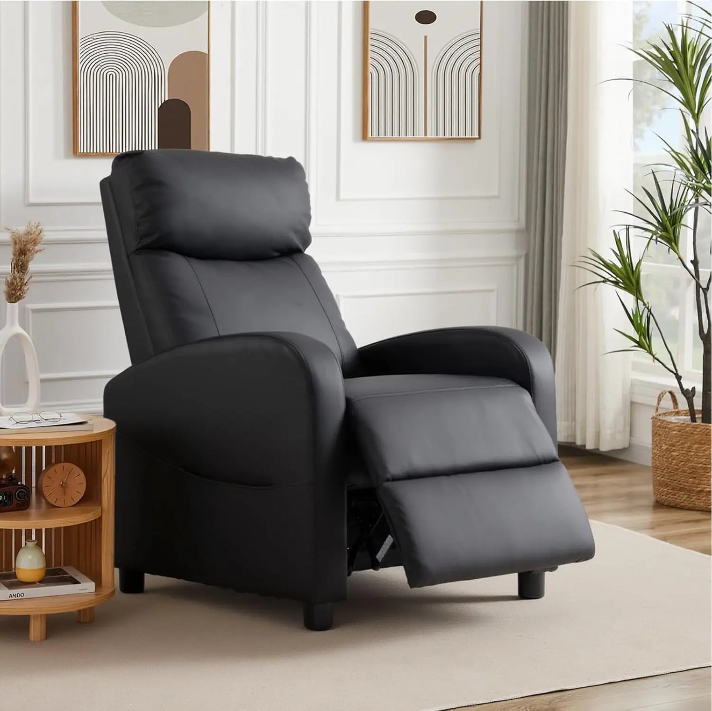 Adjustable Recliner Chair with Lumbar Support, PU Leather Sofa for Living Room, High-Density Sponge, Jet Black