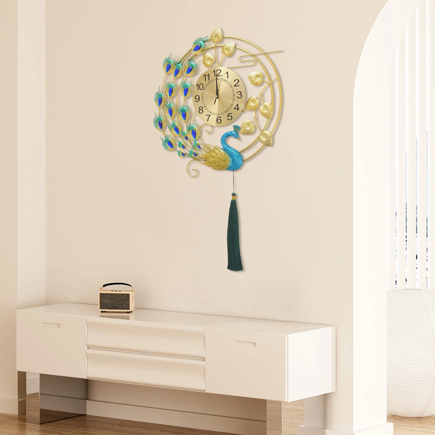 Peacock Metal Wall Clock, Gold Blue Wall-mounted Silent Art Wall Clock 58*100cm for Decoration Bedrooms