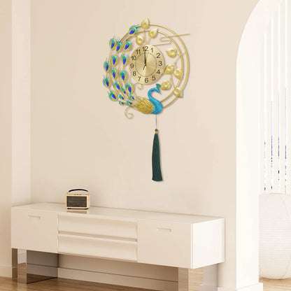 Peacock Metal Wall Clock, Gold Blue Wall-mounted Silent Art Wall Clock 58*100cm for Decoration Bedrooms