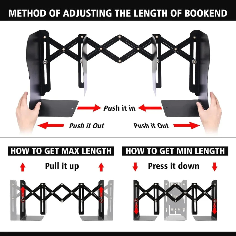 2PCS Adjustable Metal Bookends with 2 Dividers for Heavy Books