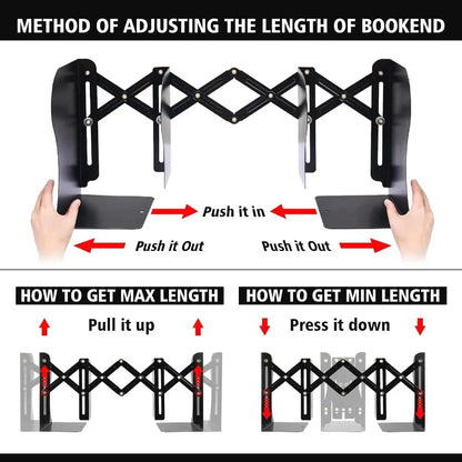 2PCS Adjustable Metal Bookends with 2 Dividers for Heavy Books
