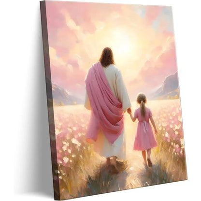 Jesus & Girl Walking Canvas Art - Christian Wall Decor with "The Way He Leads" Concept, "I Will Walk with Christ" Poster Print