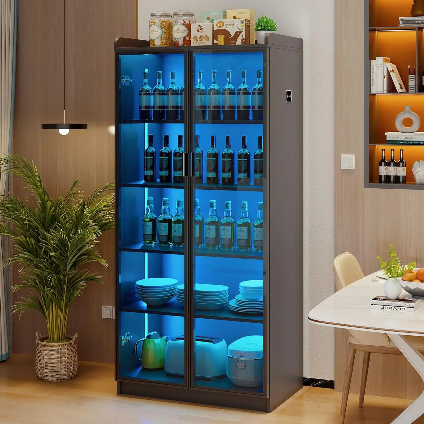 5 Tier Display Cabinet for Living Room, LED Bookcase with Human Body Induction Lights, 65” Tall Curio Cabinet