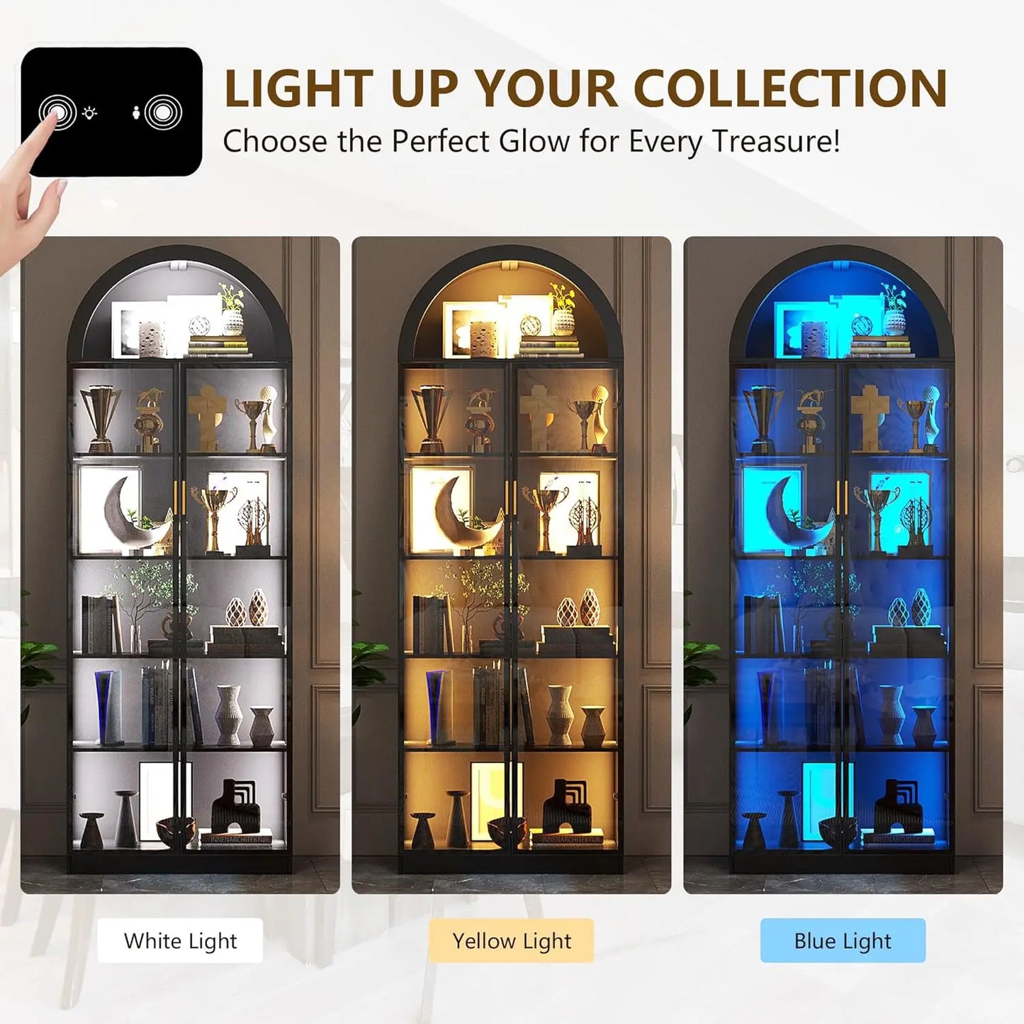 Arch Display Cabinet with Doors and Adjustable Shelves, 76" Tall Curio Cabinet with LED Lights/Storage Space