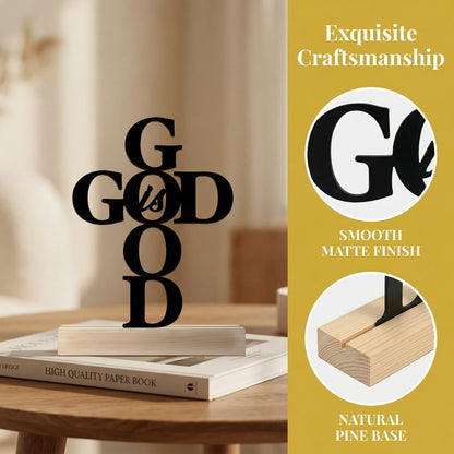 God Is God Cross Table Decor | Christian Metal Art with Wooden Base | Religious Tabletop Sign for Home, Office