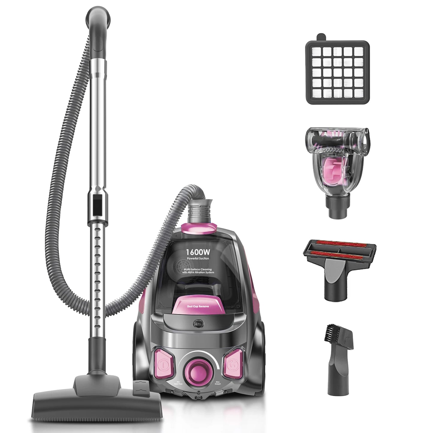Canister Vacuum Cleaner, 1600W Powerful, 3.7QT Large Dust Cup Vacuum for Hard Floors, Carpets, Pet Hair