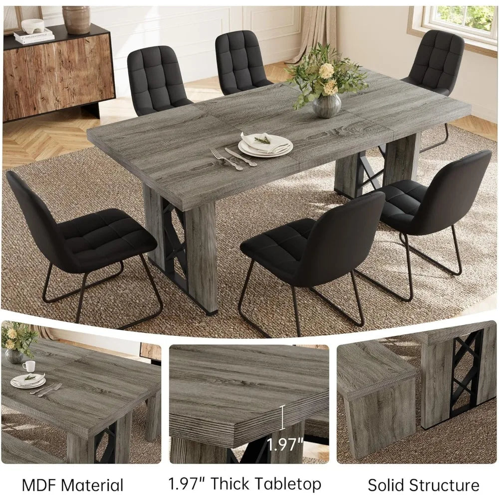 Space-Saving 7-Piece Dining Set for 6-8 People, 70.8 MDF Table with 6 Upholstered Chairs