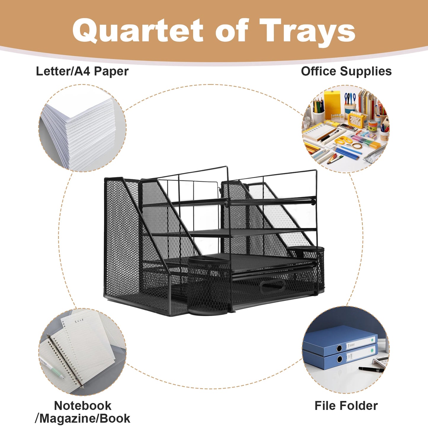Office Desktop, 4 Tray File Organizer with Drawer and 2 Pen Holders