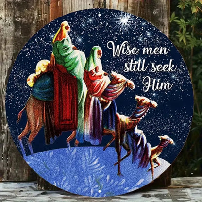 1PC Round Nativity Scene Metal Wall Art -2D "Wise Men Still Seek Him" for Home, Office and Church