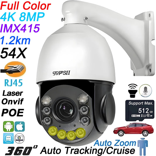 Metal Laser Infrared Full Color Auto Tracking Cruise 8MP 4K 54X Optics Zoom 360° POE PTZ Speed Dome Surveillance IP Camera