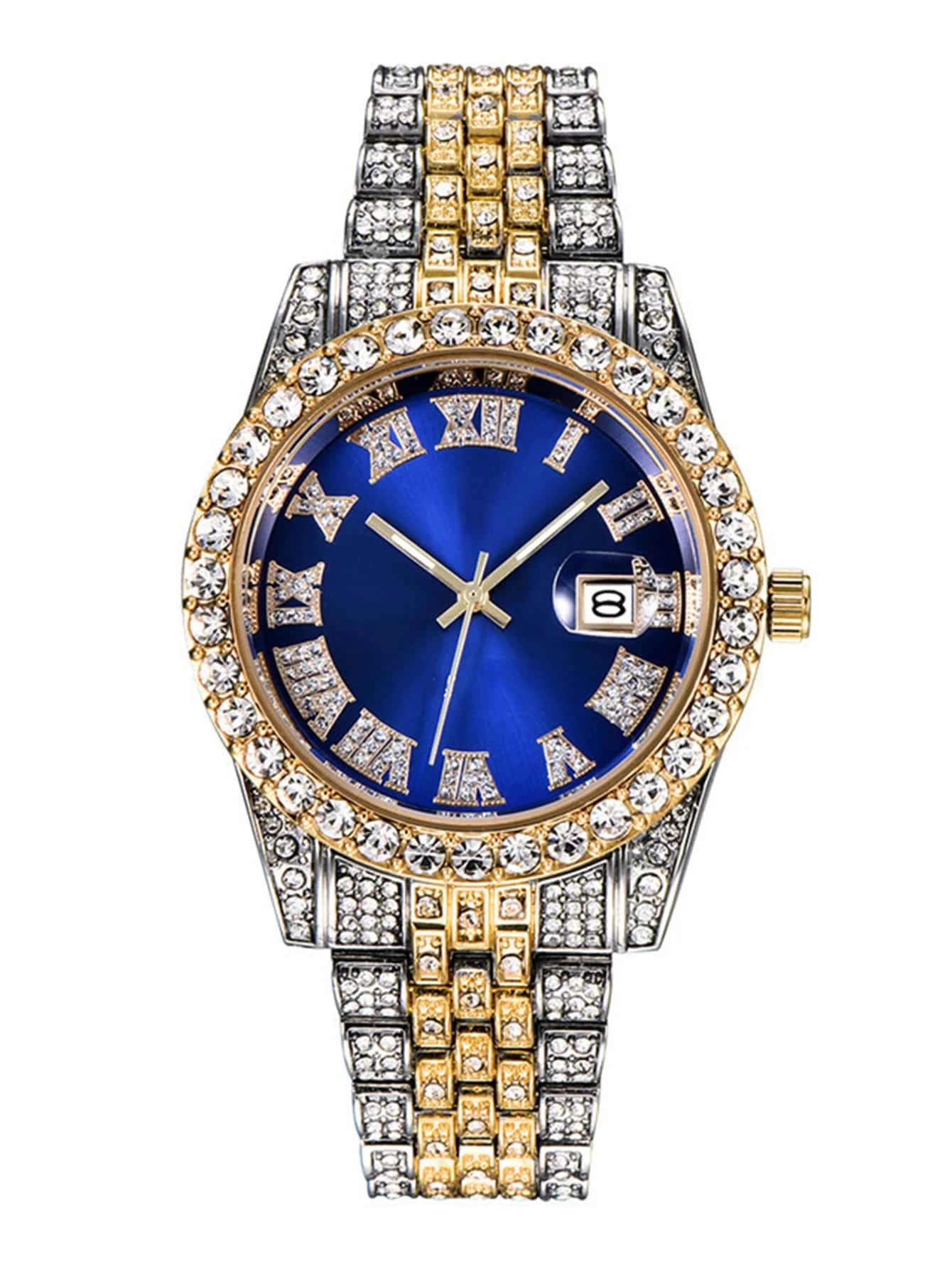 Luxury Blue Dial Roman Numeral Crystal-Embellished Quartz Watch for Women