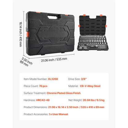 Socket Set 86 Pieces 1/4," 3/8," and 1/2inch SAE and Metric Socket and Ratchet Set