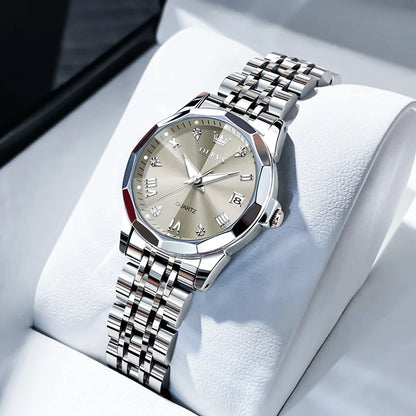Ladies Waterproof Stainless Steel Luminous Dial and Date Quartz Watch