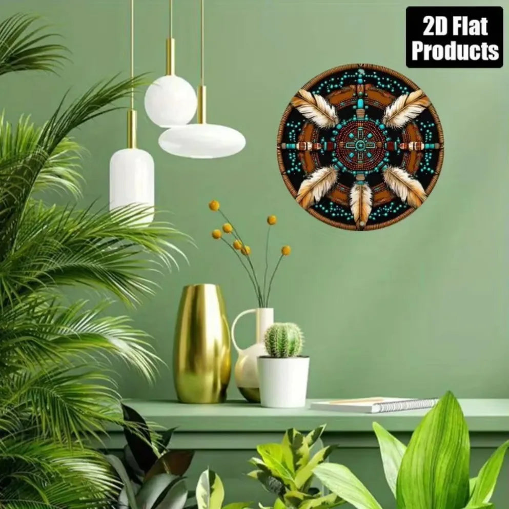 Native American-Themed 2D Flat Circular Aluminum Wall Plaque – 8x8 Inch Vibrant Tribal Design | Turquoise, Orange, & Brown