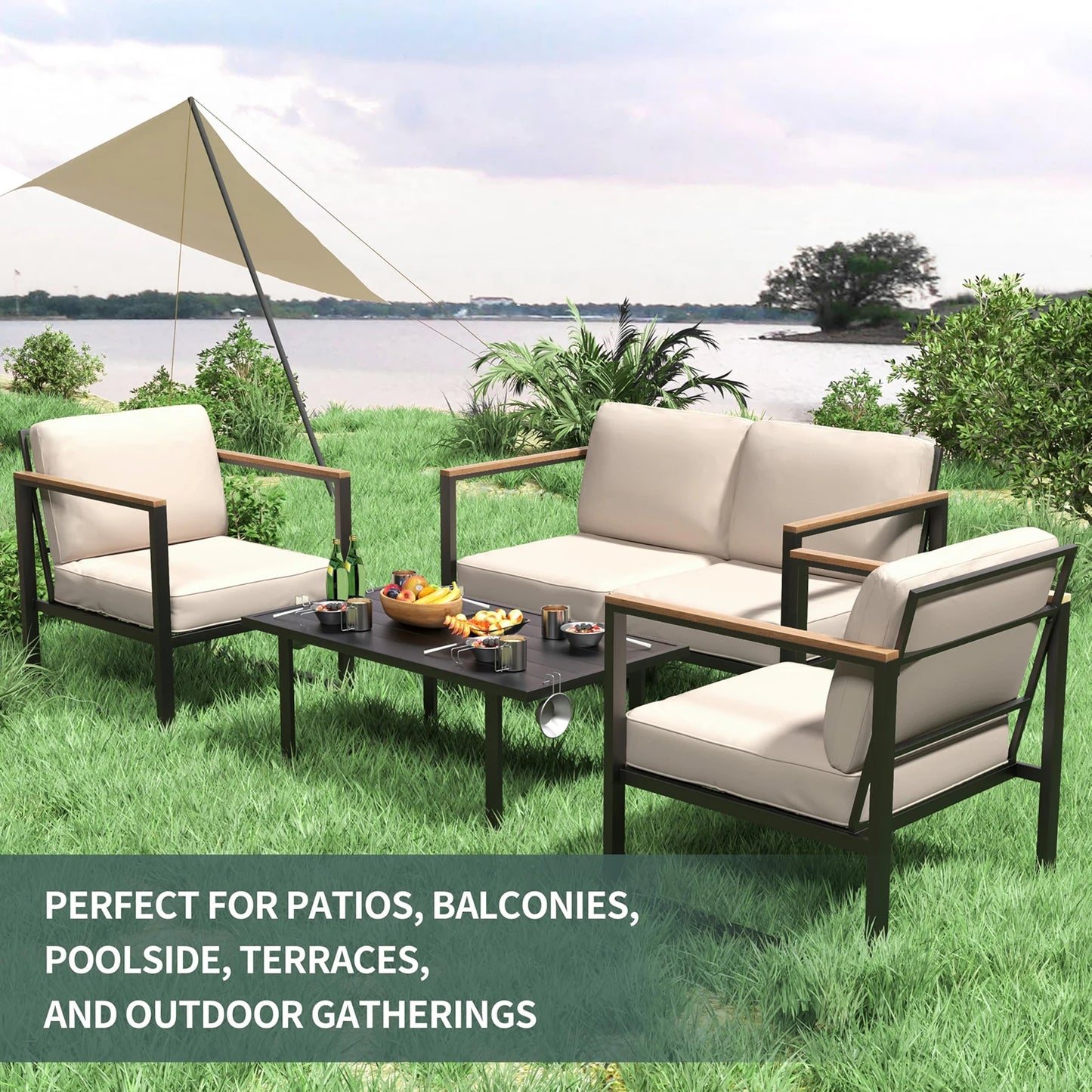 Outdoor Patio 4-Piece Set, Metal Conversation Sofa With Washable Cushions, 2 Chairs & Coffee Table For Garden Balcony