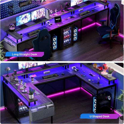 U Shaped Gaming Desk with Monitor Stand, Storage Shelves, and 2 Power Outlet Adjustable With RGB Color LED Light