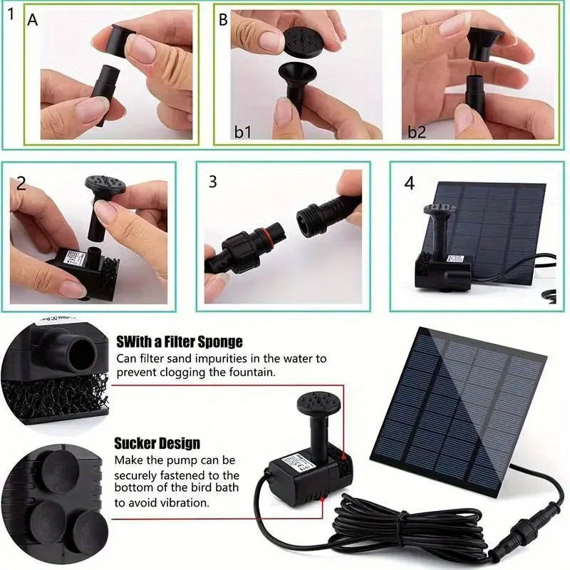 Solar Fountain with 6 Nozzles - 1.4W Solar Panel Floating Water Pump for Bird Baths, Pools, Garden