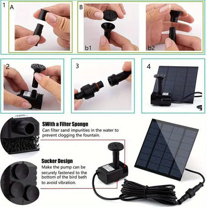 Solar Fountain with 6 Nozzles - 1.4W Solar Panel Floating Water Pump for Bird Baths, Pools, Garden