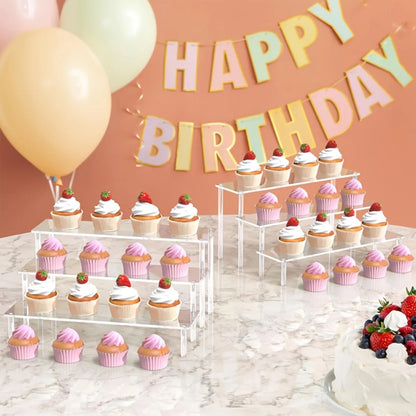 3-Tier Clear Acrylic Display Stand for Jewelry, Makeup, Cupcake Organizer, Transparent Shelf, Sturdy Base, Space-Saving Storage