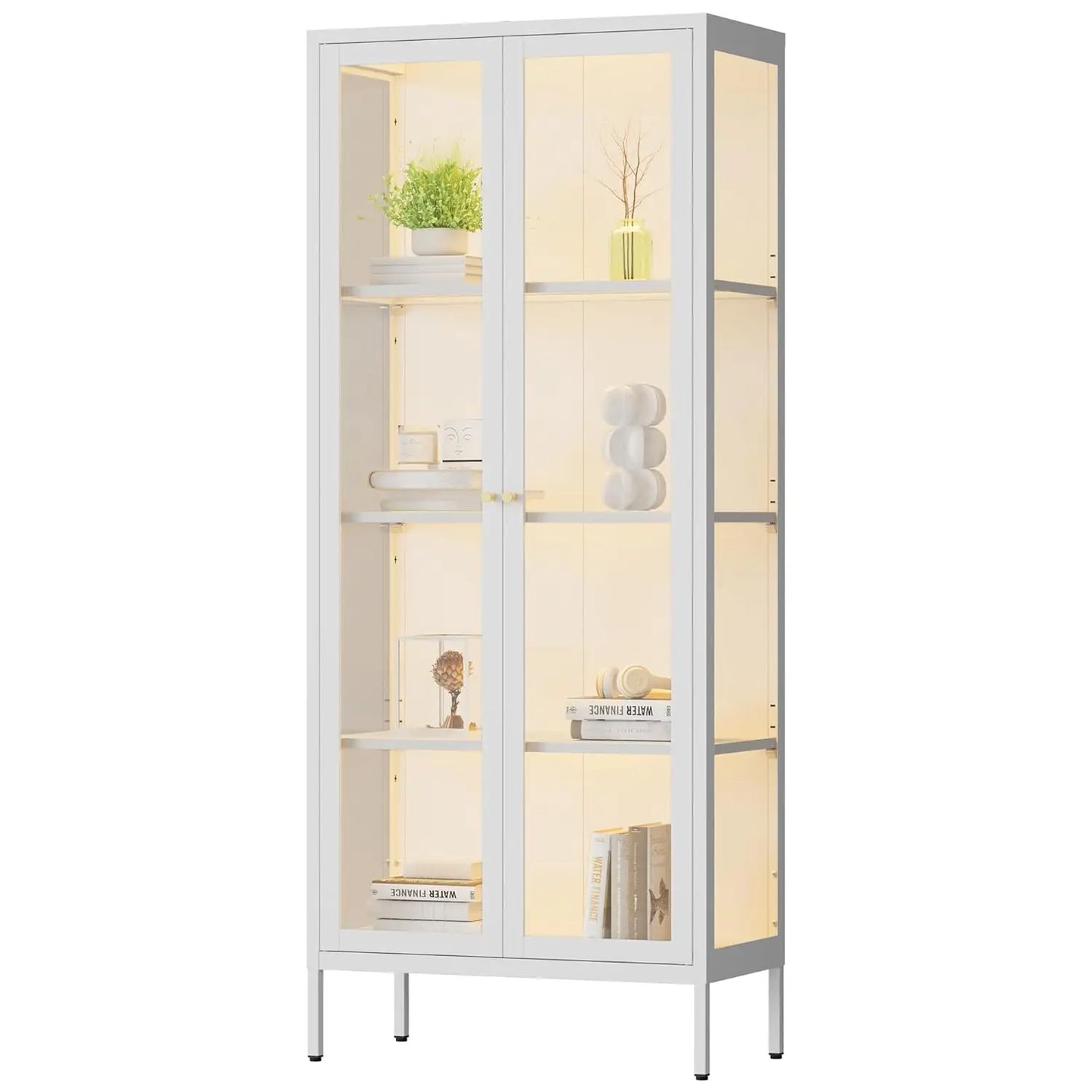 Display Cabinet with 3 Color LED Lights and Tempered Glass, 66 Inch Tall With 3 Sided Glass, White