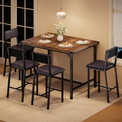 5-Piece Dining Table Set, Bar Table Set with 4 Upholstered Chairs for Pub, Dining Room, Kitchen