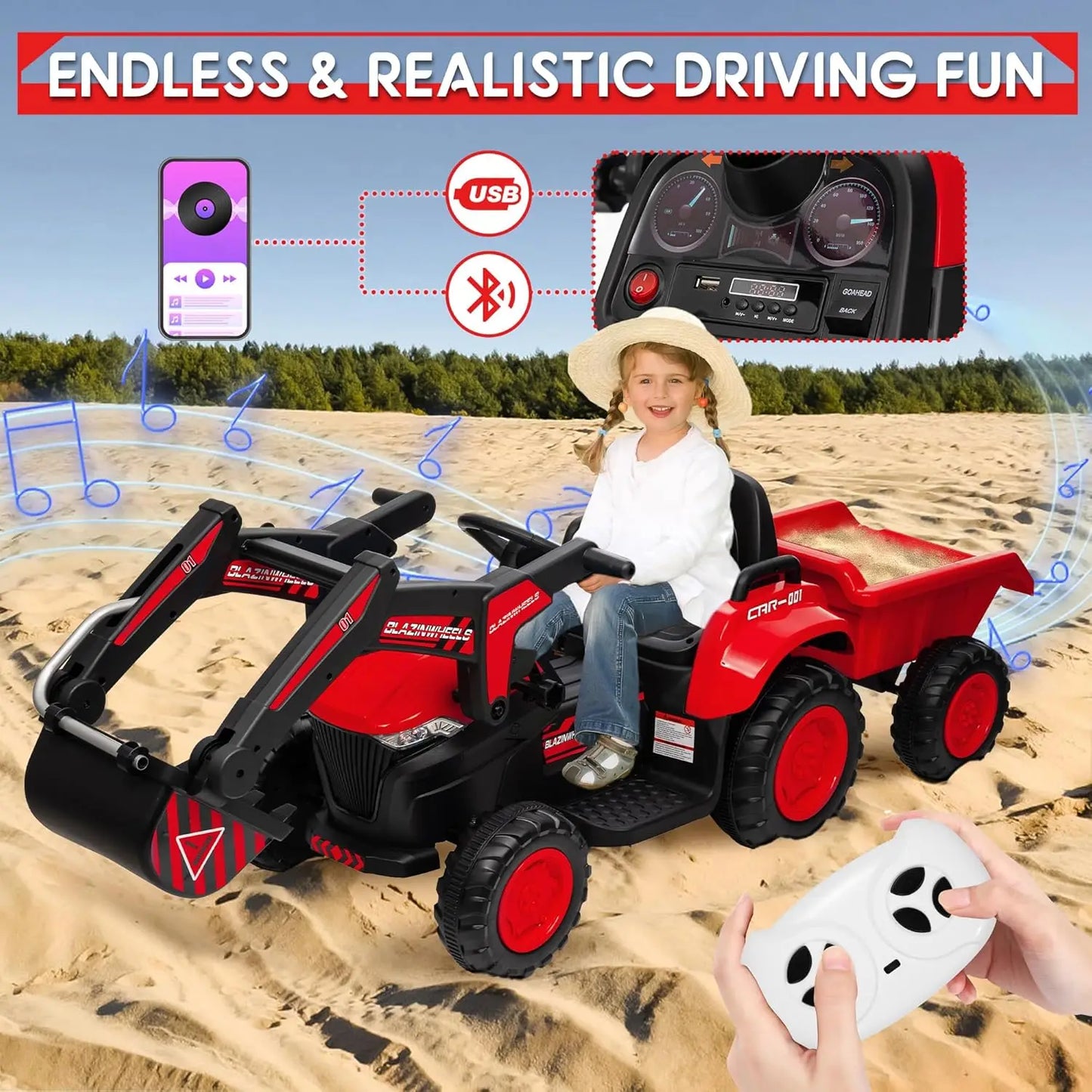 12V 3 in 1 Kids Ride On Excavator & Tractor with Detachable Trailer
