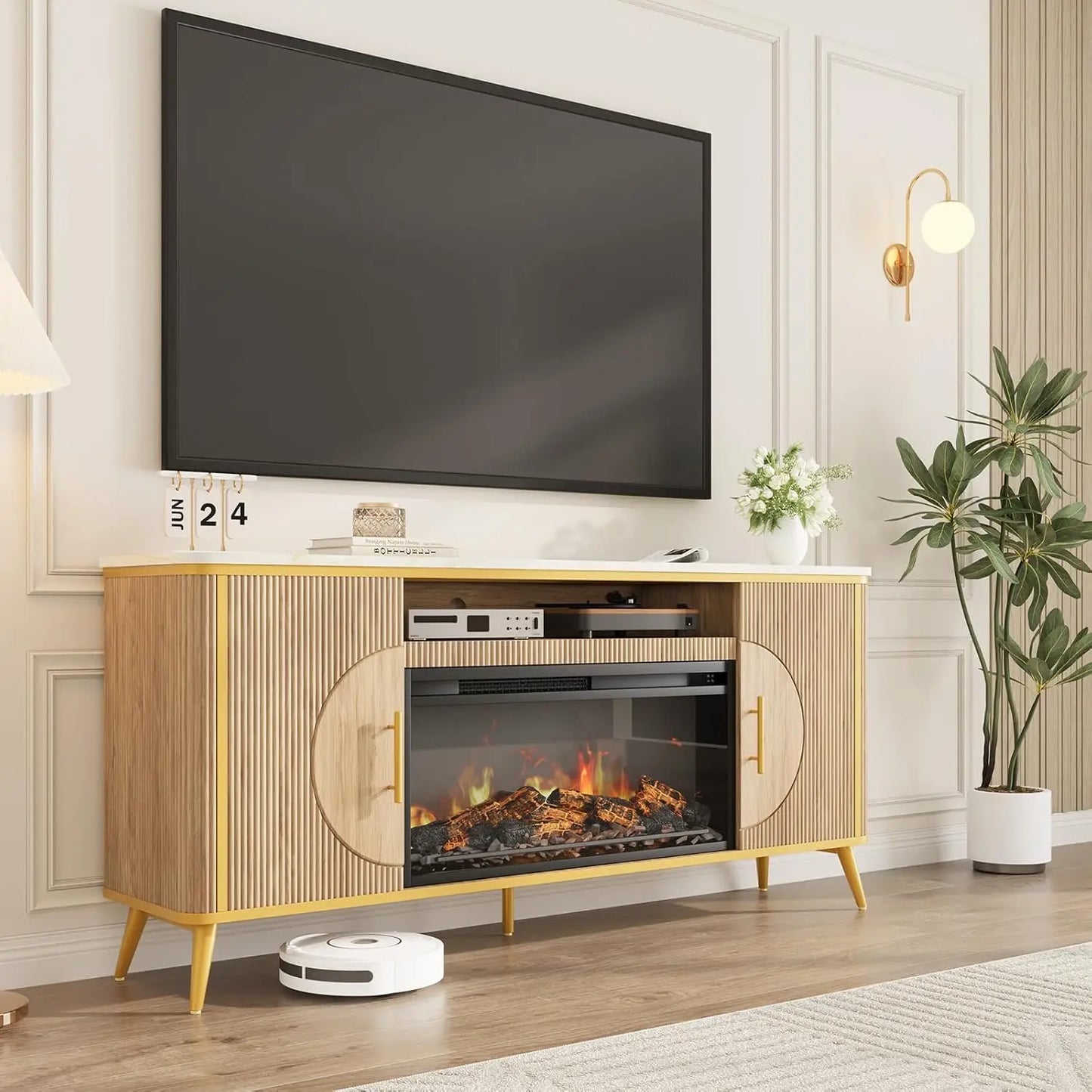 Modern Fluted TV Stand with Electric Fireplace for up to 80'' TVs Luxury Customizable Media Entertainment Center
