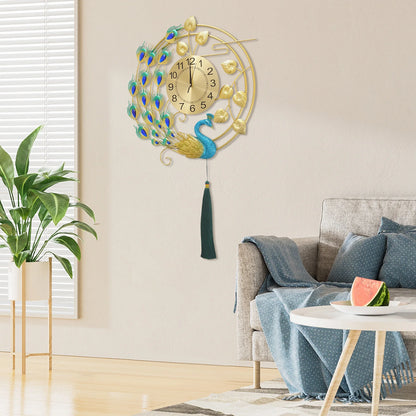 Peacock Metal Wall Clock, Gold Blue Wall-mounted Silent Art Wall Clock 58*100cm for Decoration Bedrooms