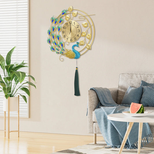 Peacock Metal Wall Clock, Gold Blue Wall-mounted Silent Art Wall Clock 58*100cm for Decoration Bedrooms