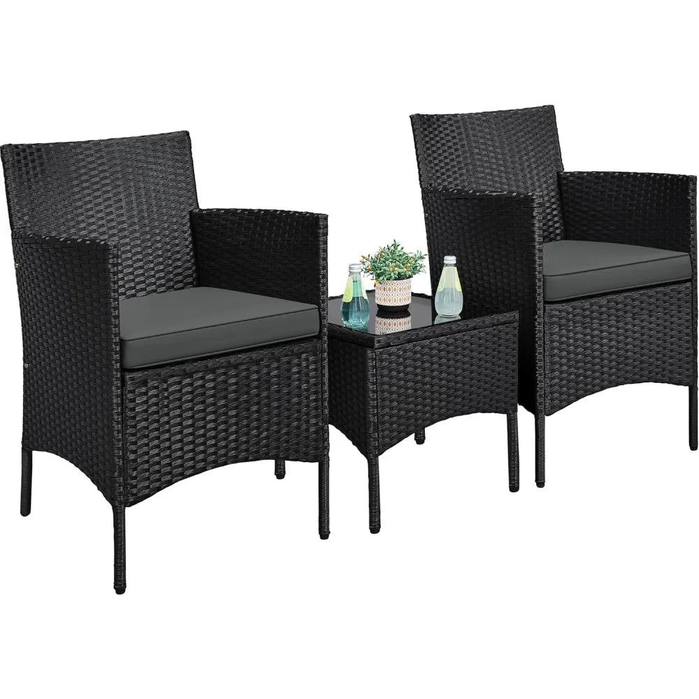 3 Pieces Patio Porch Furniture Set, Outdoor PE Rattan Wicker Conversation Set with Soft Cushions, Glass Coffee Table